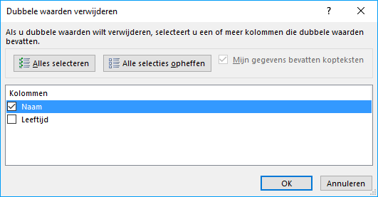 Het scherm dubbele waarden verwijderen.